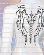cybersigil wings tattoo design on mannequin, featuring cyber tribal cross and spine ornament for full back angel themed body art