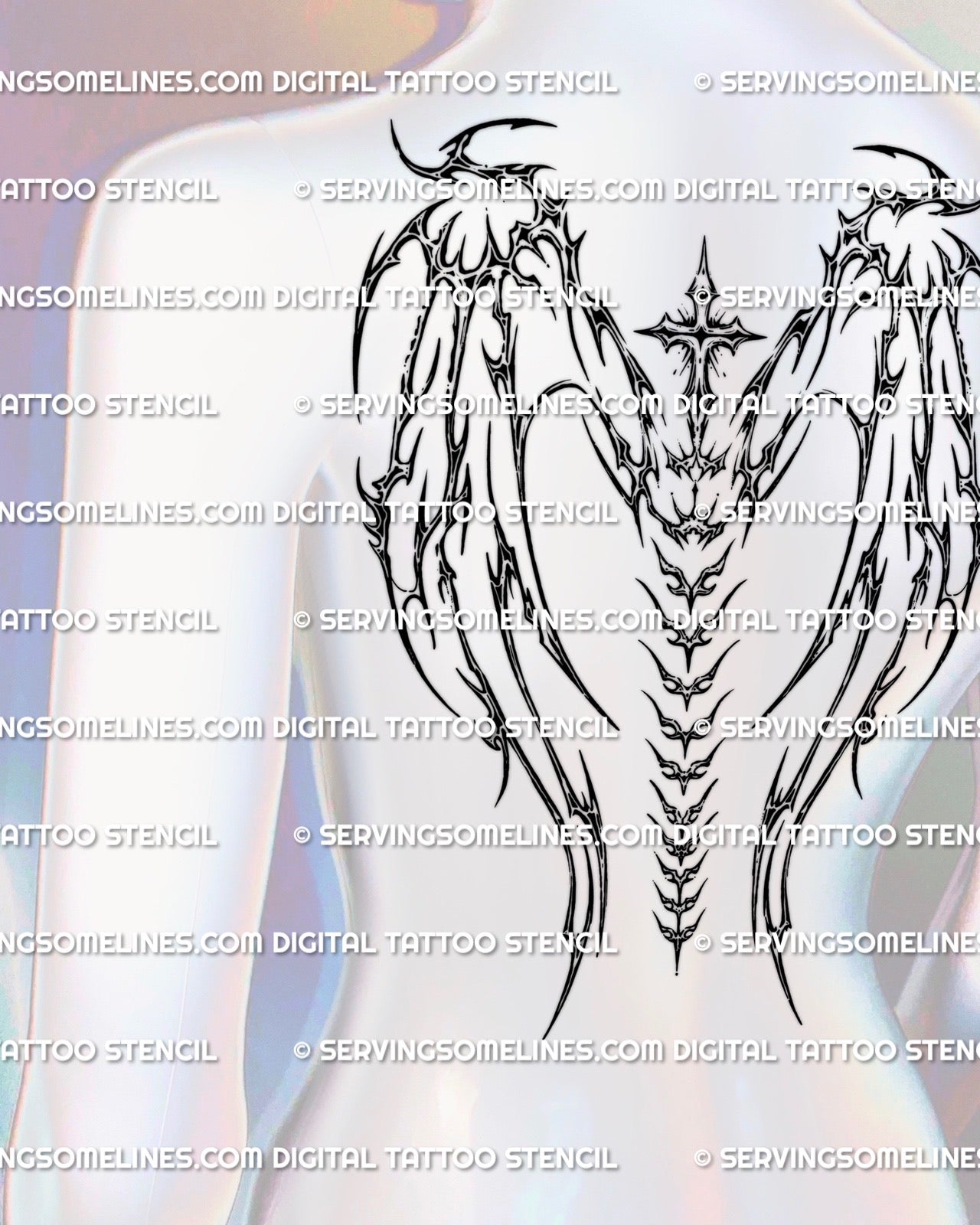 cybersigil wings tattoo design on mannequin, featuring cyber tribal cross and spine ornament for full back angel themed body art