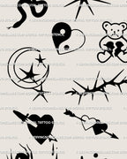 Close-up of cyber emo blackwork tattoo sheet showing yin-yang heart, moon, and mini gothic icons from small goth emo flash sheet.