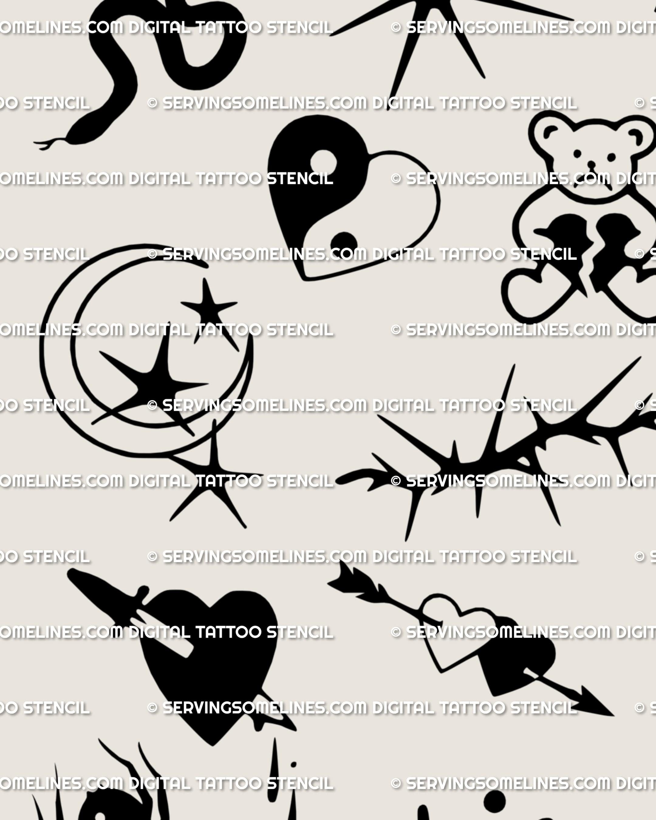Close-up of cyber emo blackwork tattoo sheet showing yin-yang heart, moon, and mini gothic icons from small goth emo flash sheet.