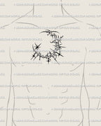 Cyber gothic tattoo stencil centered on male chest, crescent moon and stars in ornamental cybersigil design.