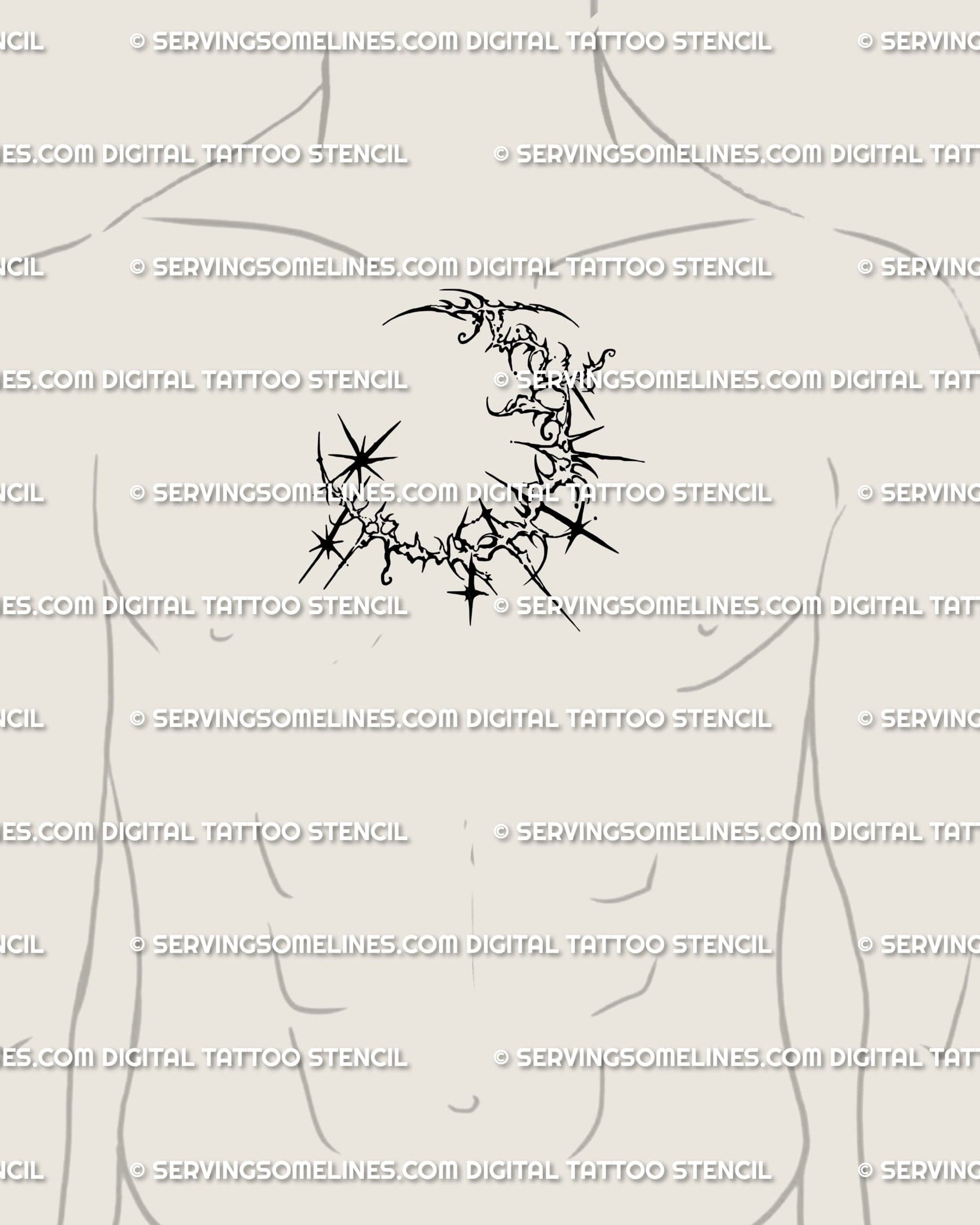 Cyber gothic tattoo stencil centered on male chest, crescent moon and stars in ornamental cybersigil design.