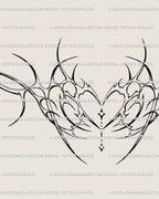 Close-up of heart and sparkle details from a cyber neotribal womb tattoo design, mixing cybersigilism and gothic feminine energy.