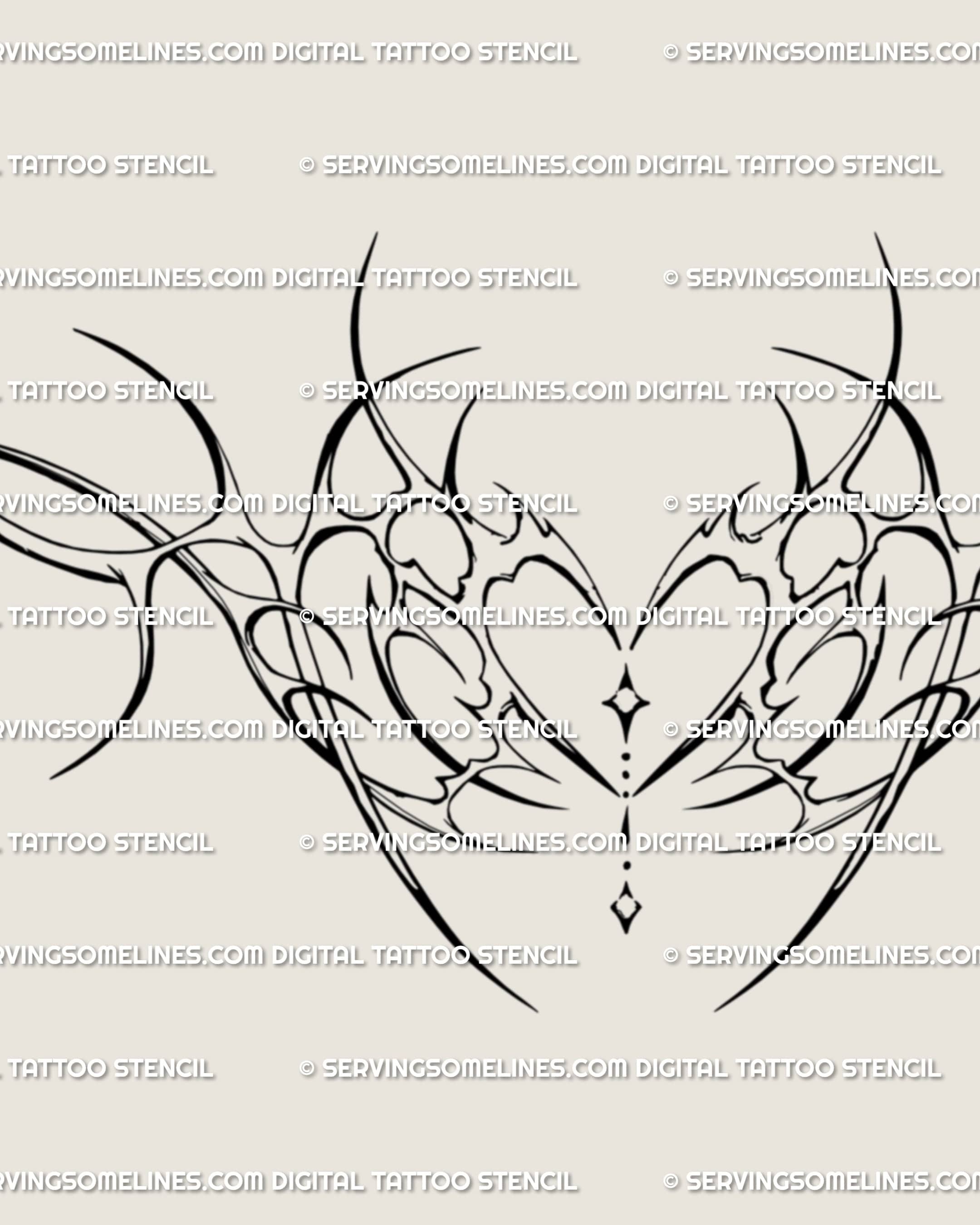 Close-up of heart and sparkle details from a cyber neotribal womb tattoo design, mixing cybersigilism and gothic feminine energy.
