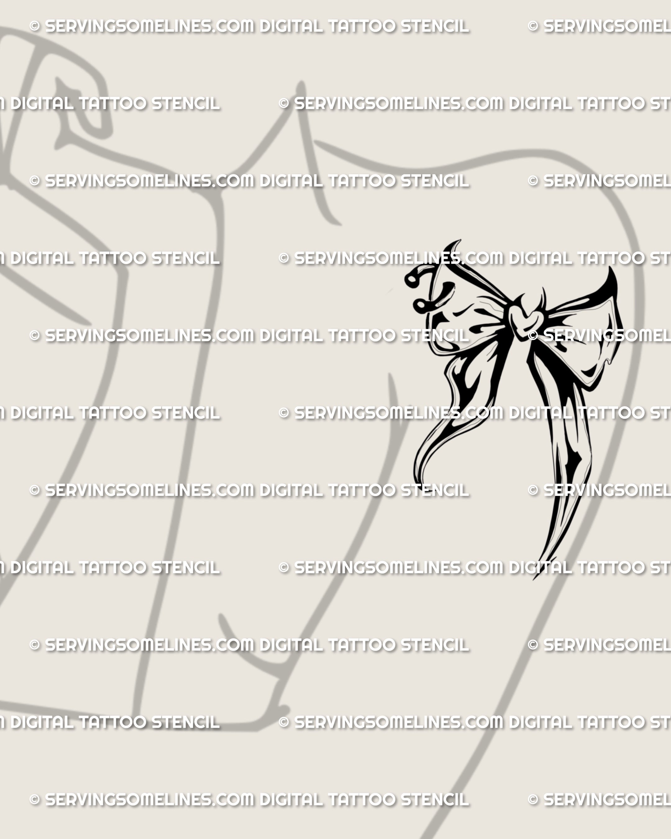 Side upper arm concept featuring a cyber sigil bow tattoo design — sleek, minimal geometry meets gothic flare; sized for everyday visibility and supplied as a high-resolution stencil pack.