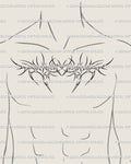 Cyber sigil chest tattoo stencil shown on male chest, ornamental neotribal tattoo design with heart armor symmetry and clean linework.