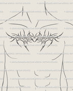 Cyber sigil chest tattoo stencil shown on male chest, ornamental neotribal tattoo design with heart armor symmetry and clean linework.