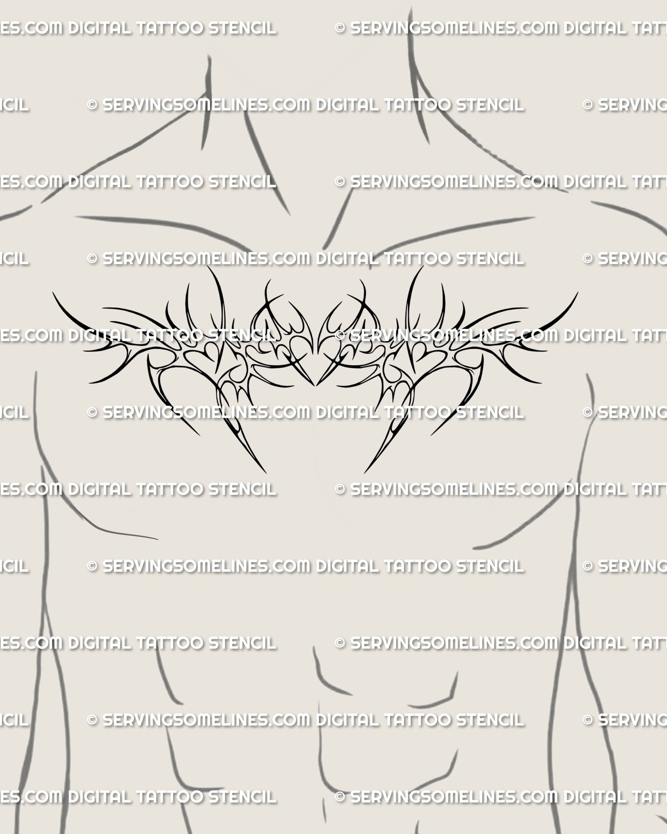 Cyber sigil chest tattoo stencil shown on male chest, ornamental neotribal tattoo design with heart armor symmetry and clean linework.