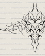 Close-up of cyber sigil heart tattoo design, showing gothic ornamental details and fine neotribal symmetry across the sternum.