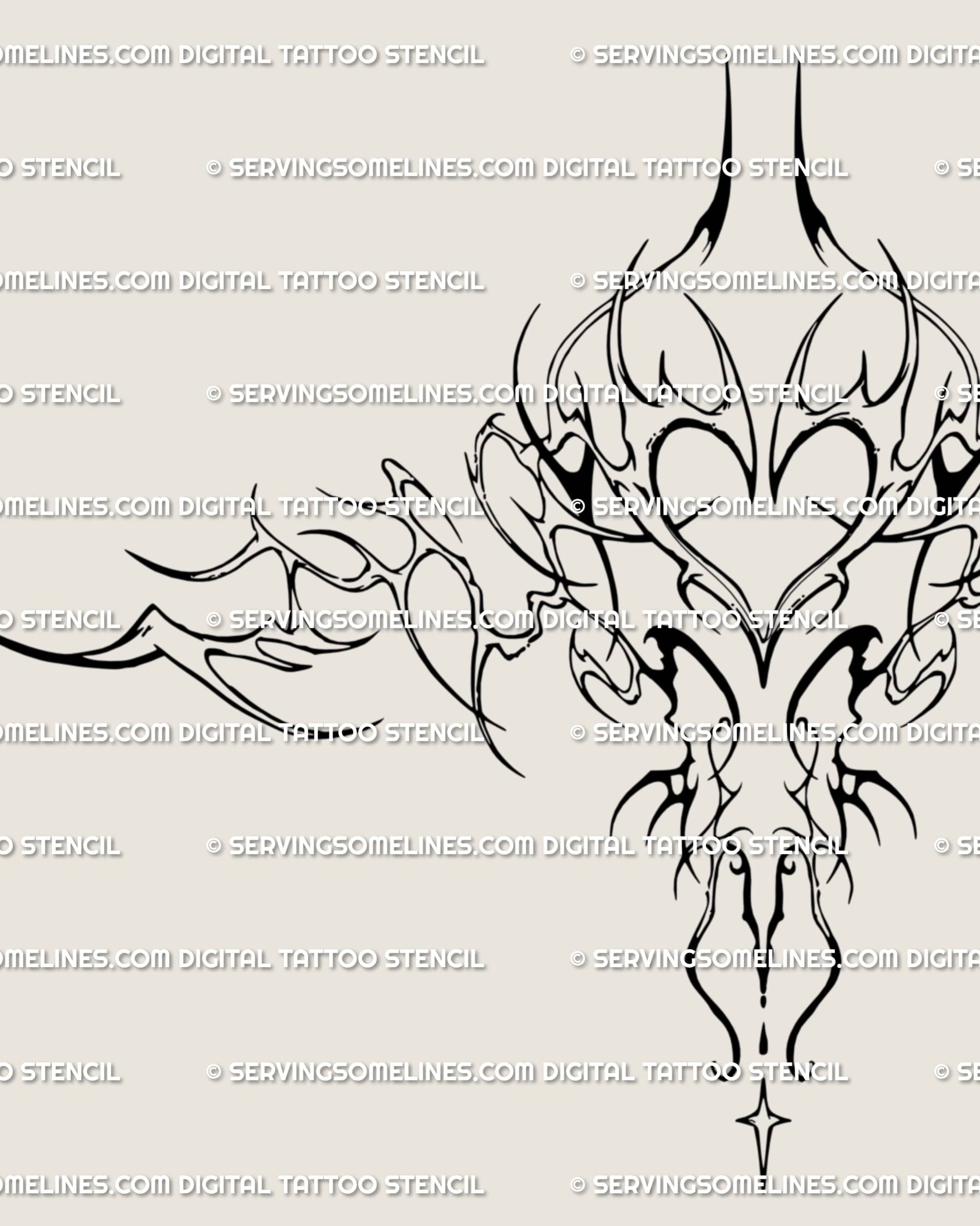 Close-up of cyber sigil heart tattoo design, showing gothic ornamental details and fine neotribal symmetry across the sternum.
