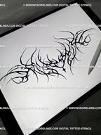 Digital stencil preview of a cyber sigil tramp stamp tattoo design, showing sharp blackwork curves, neo tribal energy, and gothic line art for instant download.