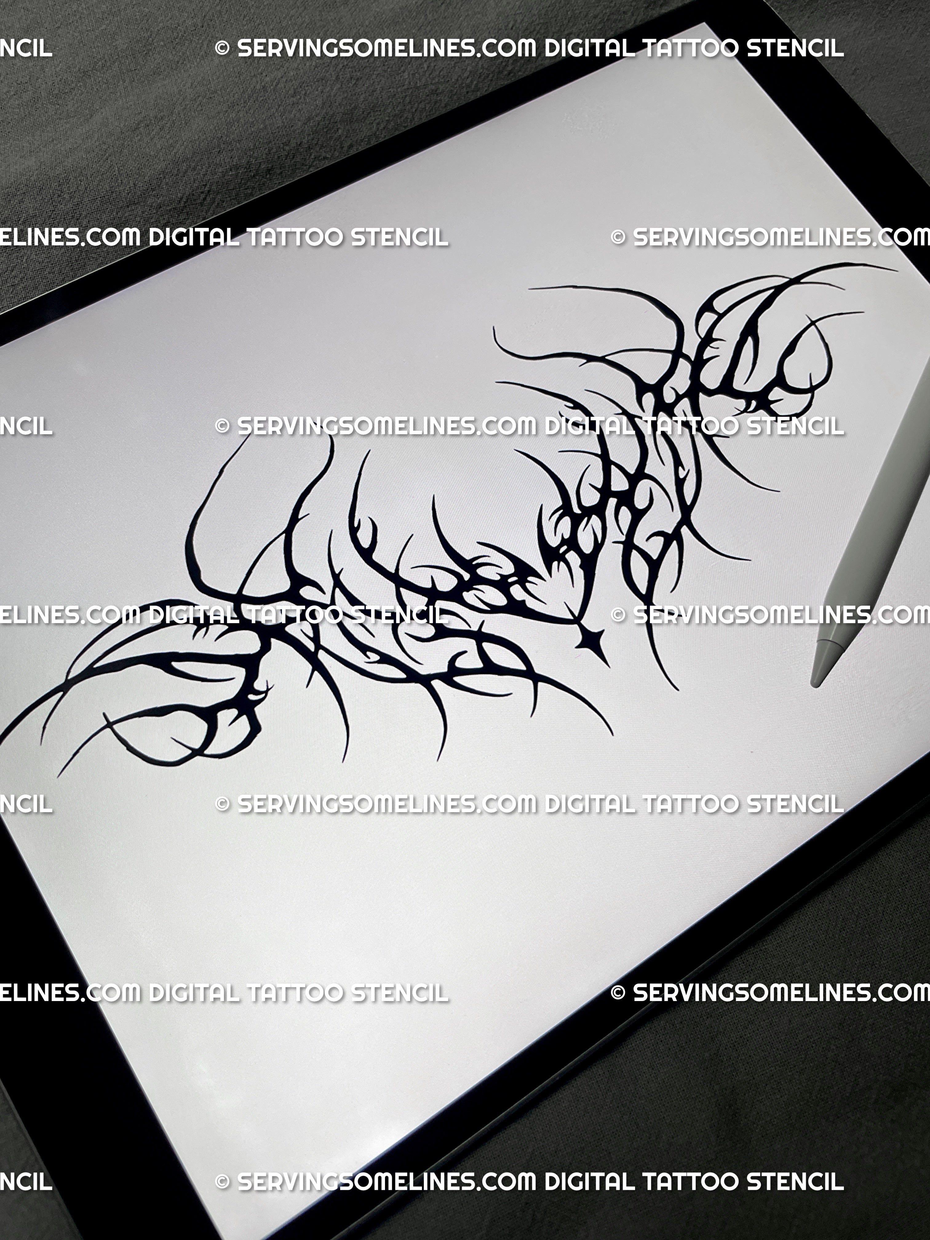 Digital stencil preview of a cyber sigil tramp stamp tattoo design, showing sharp blackwork curves, neo tribal energy, and gothic line art for instant download.