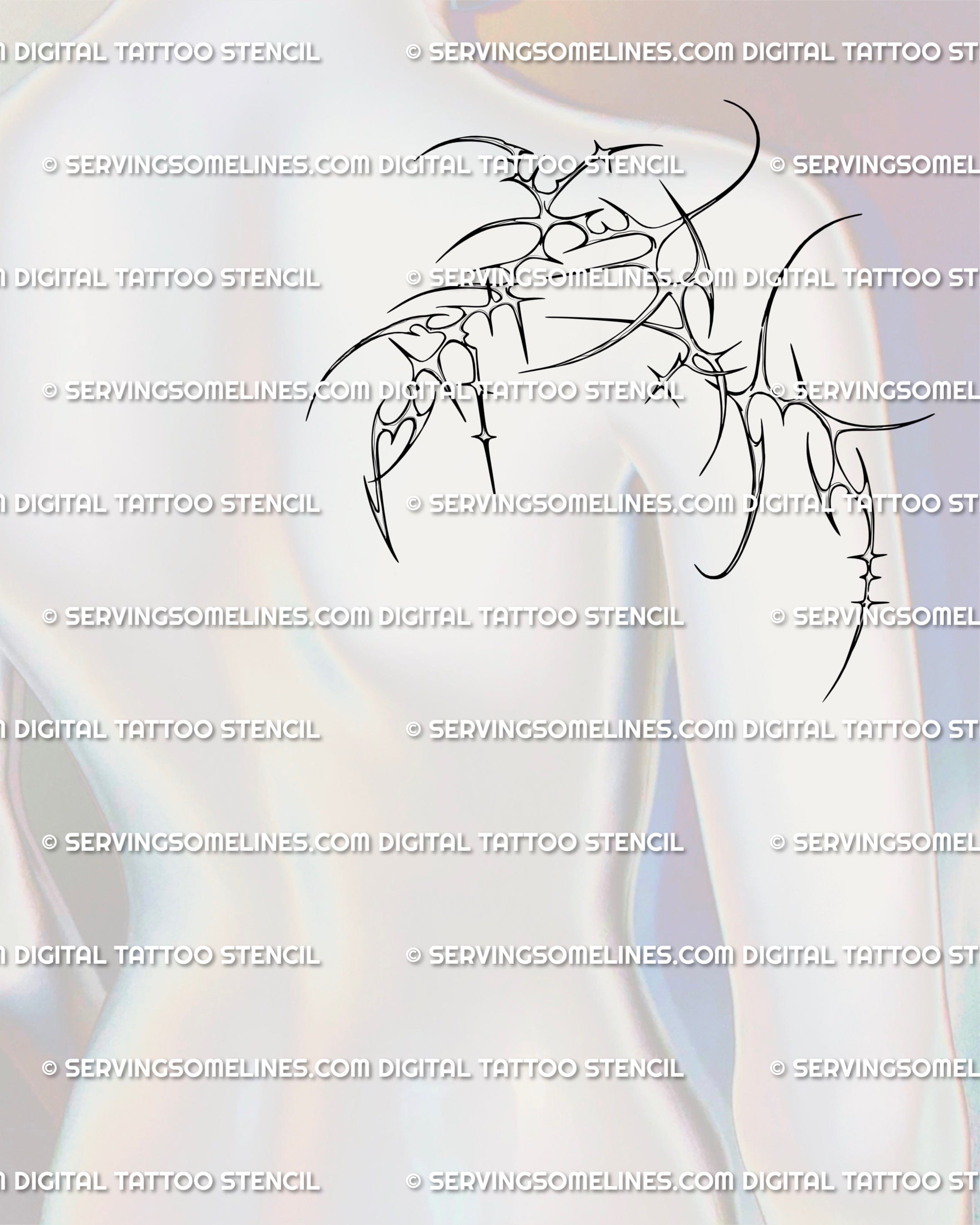 Cyber sigilism shoulder tattoo wrapping across back shoulder, neotribal geometry with Y2K symmetry and clean ornamental flow.