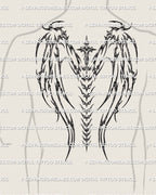 cybersigil wings tattoo stencil on male back, cyber tribal cross and spine pattern creating a futuristic angel backpiece layout
