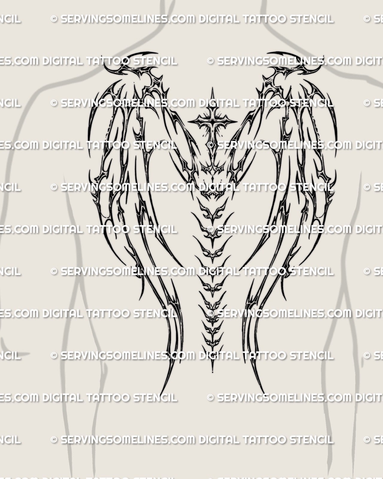 cybersigil wings tattoo stencil on male back, cyber tribal cross and spine pattern creating a futuristic angel backpiece layout
