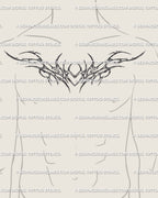 Cyber tribal heart tattoo flash placed on male chest center, detailed symmetrical design mixing cybercore flow with gothic energy.