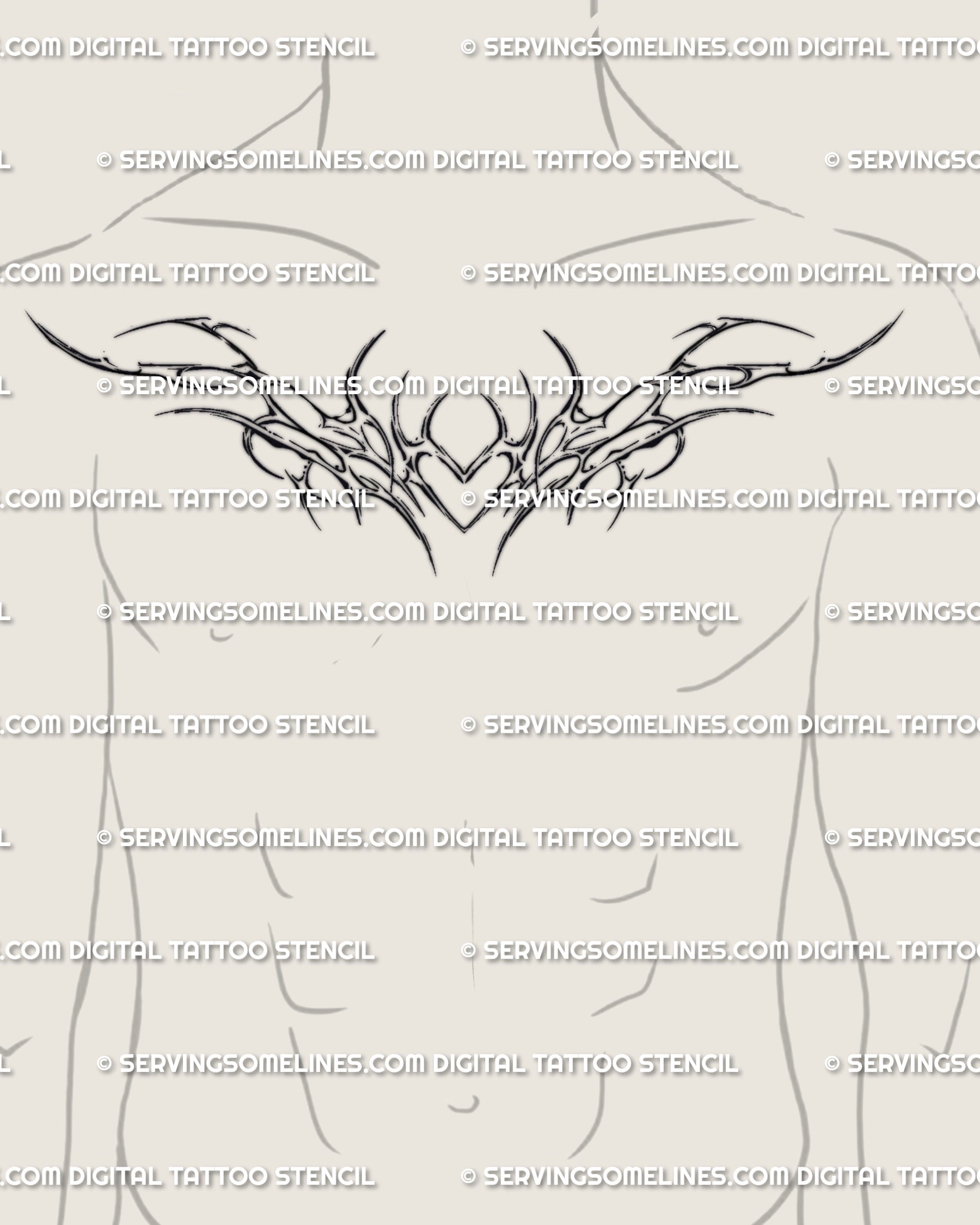 Cyber tribal heart tattoo flash placed on male chest center, detailed symmetrical design mixing cybercore flow with gothic energy.