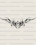 Cyber tribal heart tattoo stencil in spiky neotribal style; symmetrical dark-heart linework with gothic edge, delivered as digital flash.