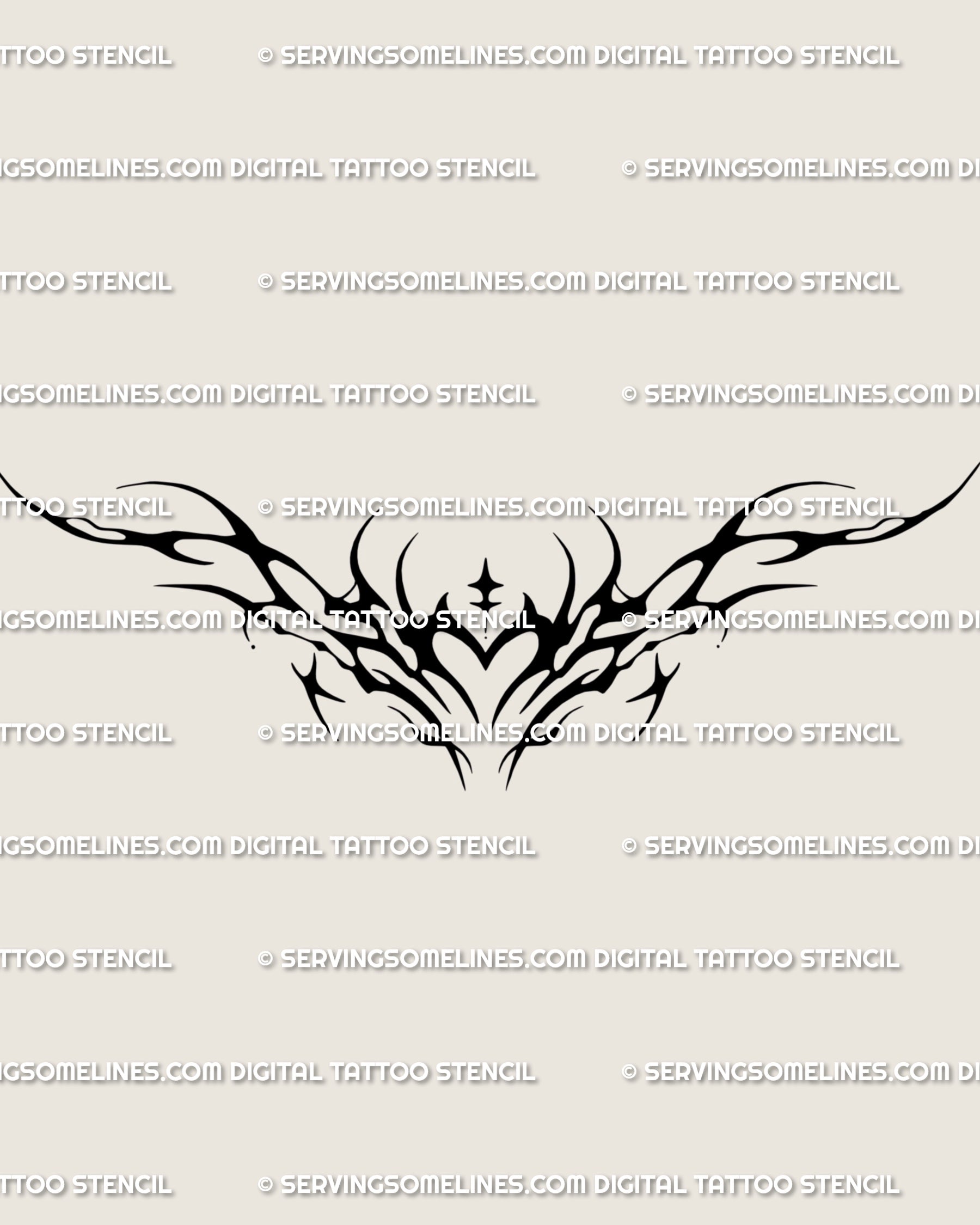 Cyber tribal heart tattoo stencil in spiky neotribal style; symmetrical dark-heart linework with a gothic vibe, delivered as a digital flash design.
