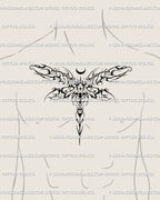 Cyber tribal insect tattoo design in cybersigilism style, shown centered on male chest as a symmetrical gothic dragonfly stencil with edge and strength.