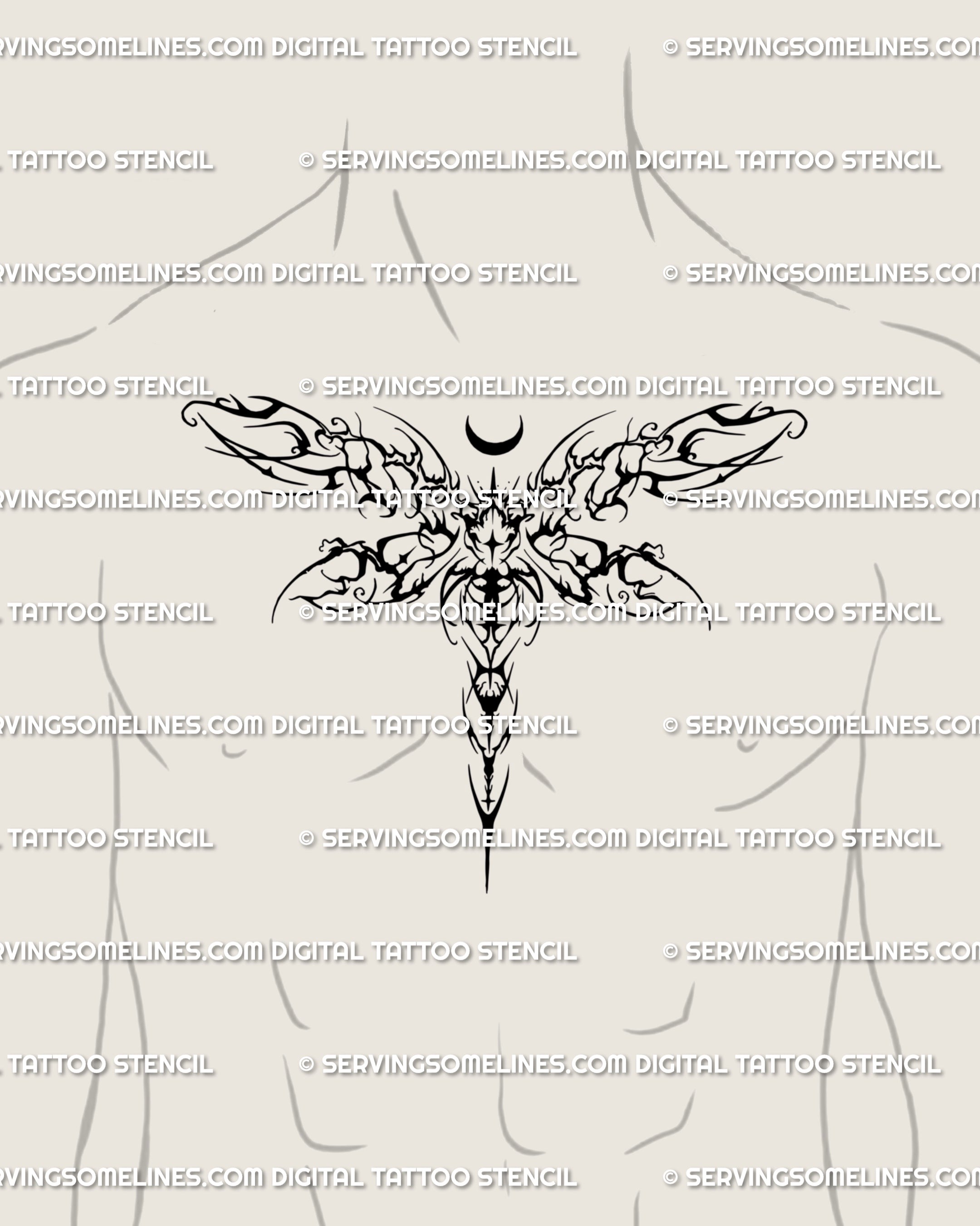 Cyber tribal insect tattoo design in cybersigilism style, shown centered on male chest as a symmetrical gothic dragonfly stencil with edge and strength.