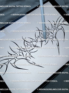 Digital iPad preview of cyber tribal linework tattoo, a printable cyber sigil chest tattoo stencil for men and women with heart armor.