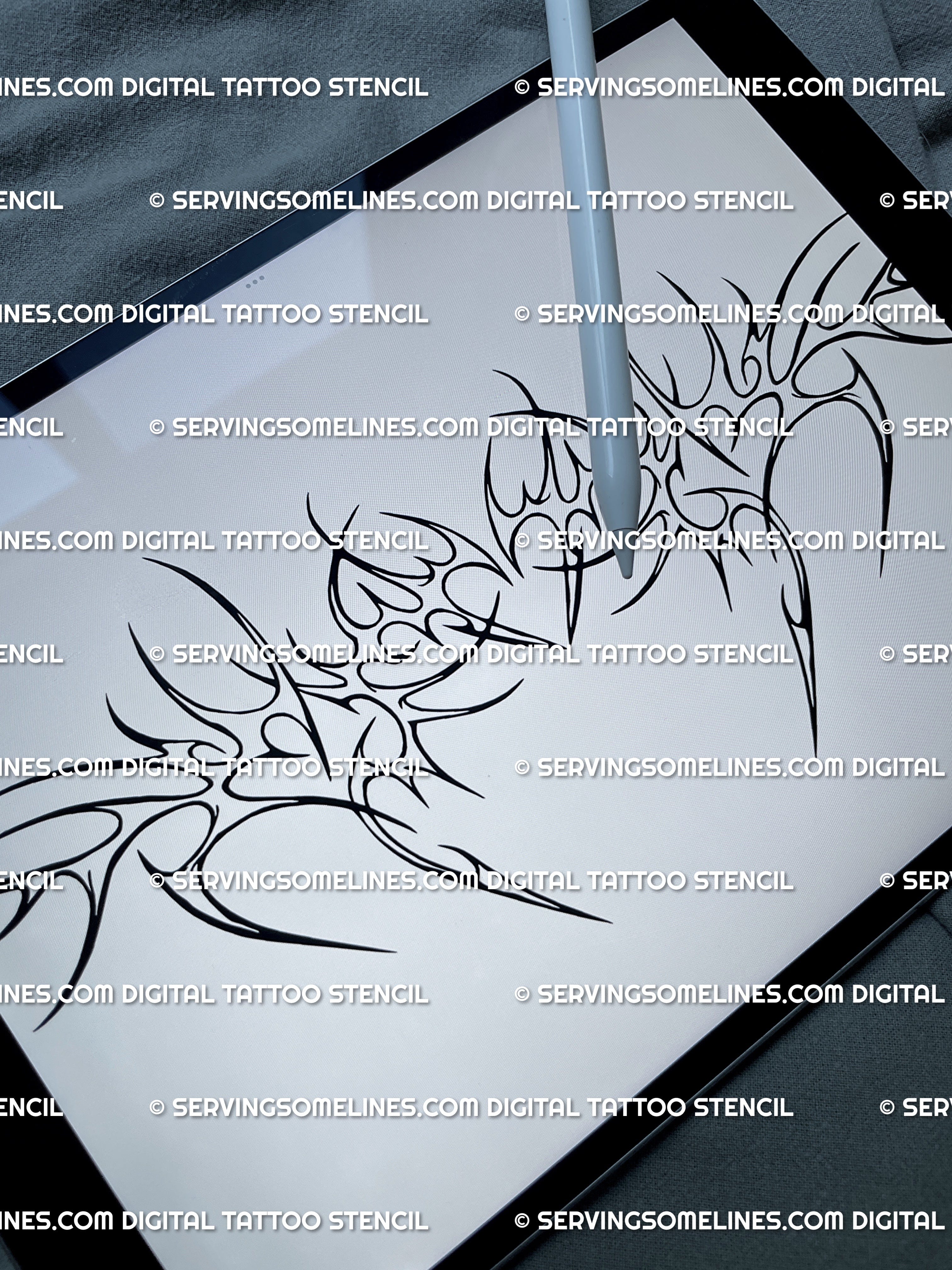 Digital iPad preview of cyber tribal linework tattoo, a printable cyber sigil chest tattoo stencil for men and women with heart armor.