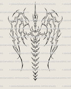 Cyber tribal skeletal angel wings tattoo stencil design with ornamental linework, gothic influence, and symmetrical cybersigilism flow.