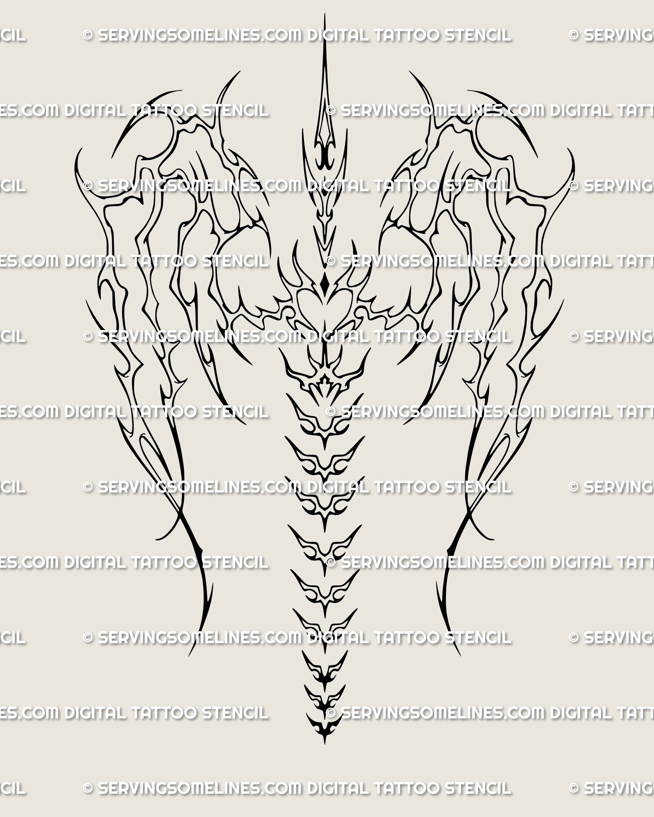 Cyber tribal skeletal angel wings tattoo stencil design with ornamental linework, gothic influence, and symmetrical cybersigilism flow.