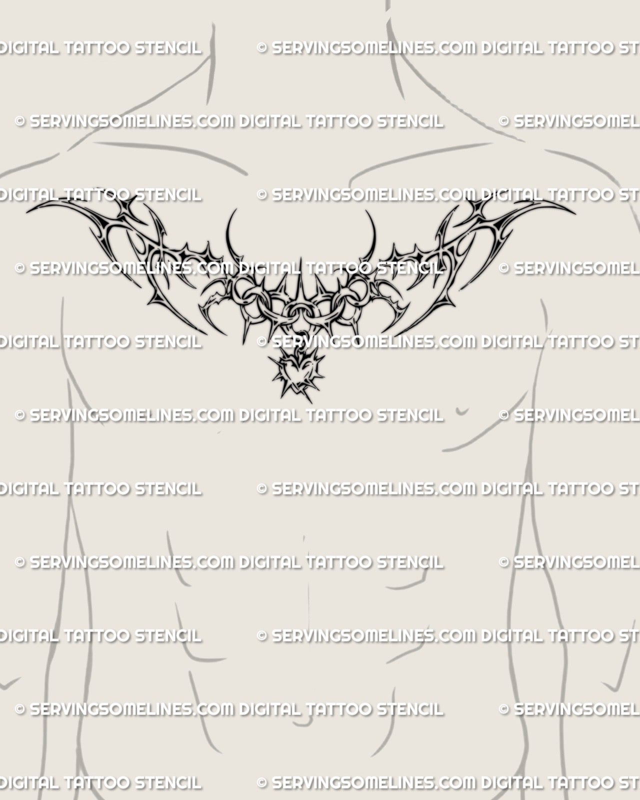 Cybercore chest tattoo stencil displayed across male chest, blade-like chains forming heart centerpiece with gothic tribal flow.