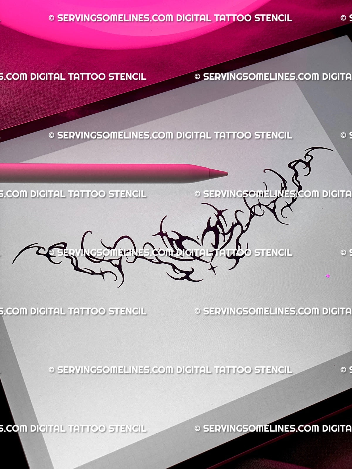 iPad display of whimsical ornamental cybercore tattoo stencil, digital feminine heart linework art ready for printing or stenciling. 