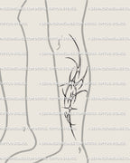 Cybercore leg tattoo idea with sharp neotribal lines and ornamental flow, wrapping naturally along calf and thigh anatomy. 