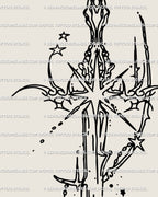 Close-up of cybercore sword tattoo stencil with spiky lines and celestial star sigils, detailed cybersigilism design for clean tattoo transfer.