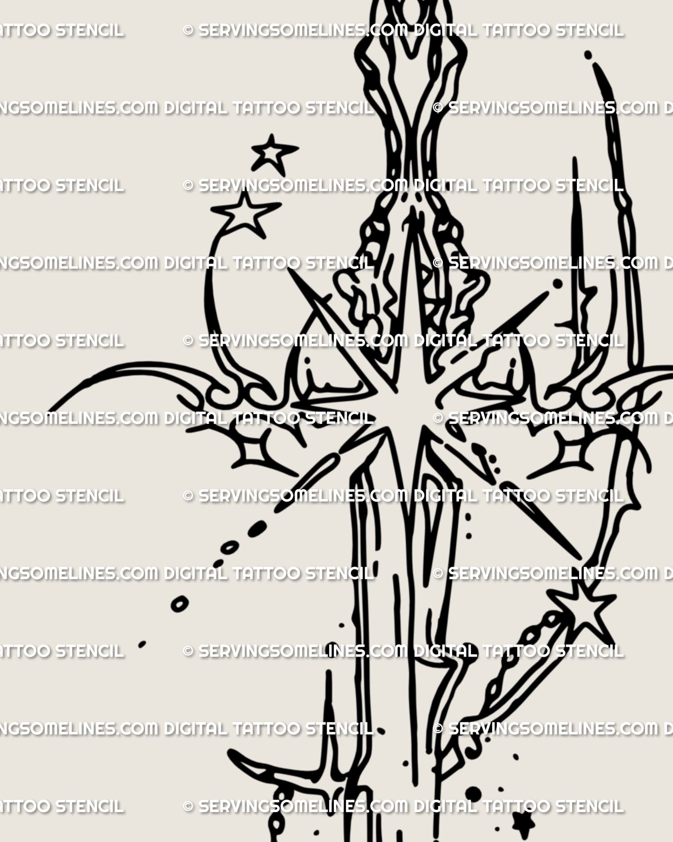Close-up of cybercore sword tattoo stencil with spiky lines and celestial star sigils, detailed cybersigilism design for clean tattoo transfer.