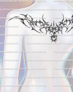 Neotribal cybercore upper back tattoo mockup showing chain motifs and heart accent, perfect feminine gothic design.
