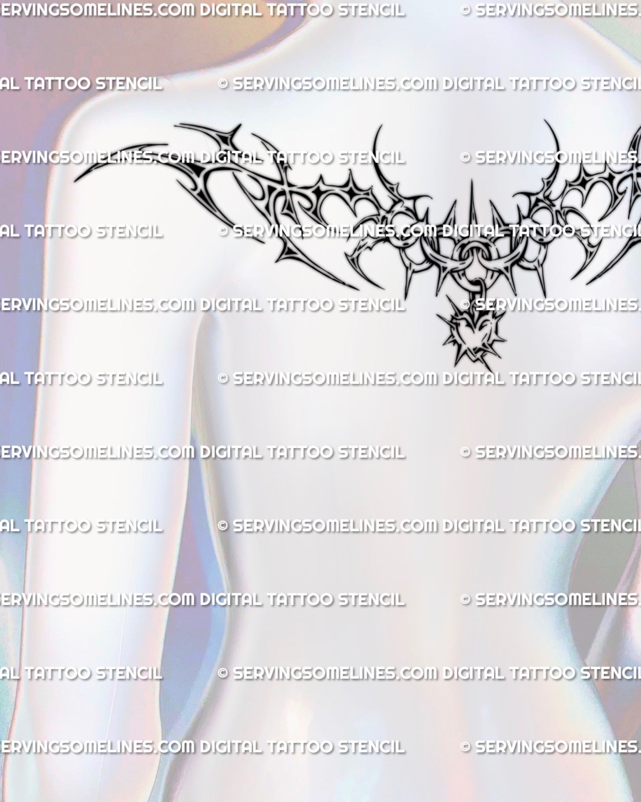 Neotribal cybercore upper back tattoo mockup showing chain motifs and heart accent, perfect feminine gothic design.