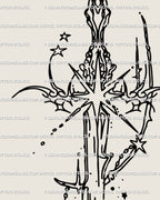 Close-up of cybercore sword tattoo stencil showing spiky line art and celestial star sigils, high-resolution cybersigilism tattoo detail for clean transfer.