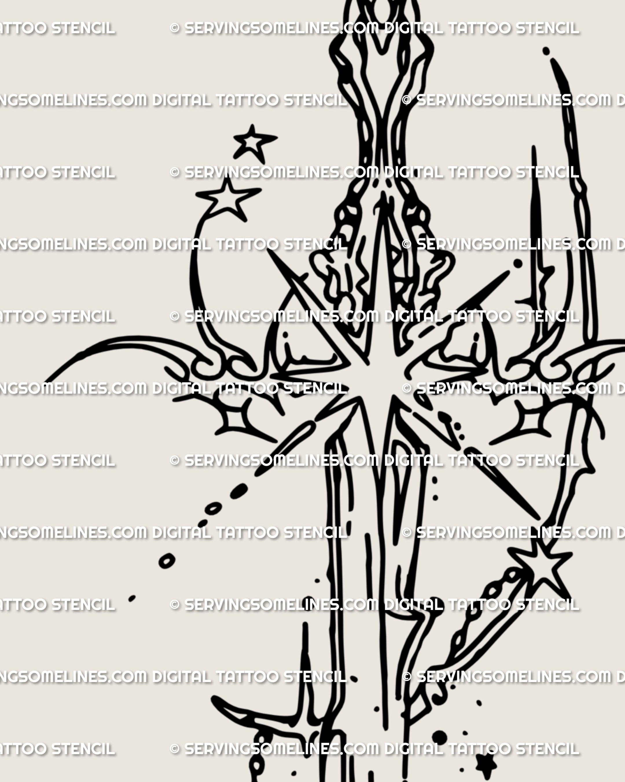 Close-up of cybercore sword tattoo stencil showing spiky line art and celestial star sigils, high-resolution cybersigilism tattoo detail for clean transfer.