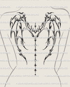 Cybersigil dragon wings tattoo stencil with heart and sparkle spine chain, shown on women’s back for upper to mid spine placement reference