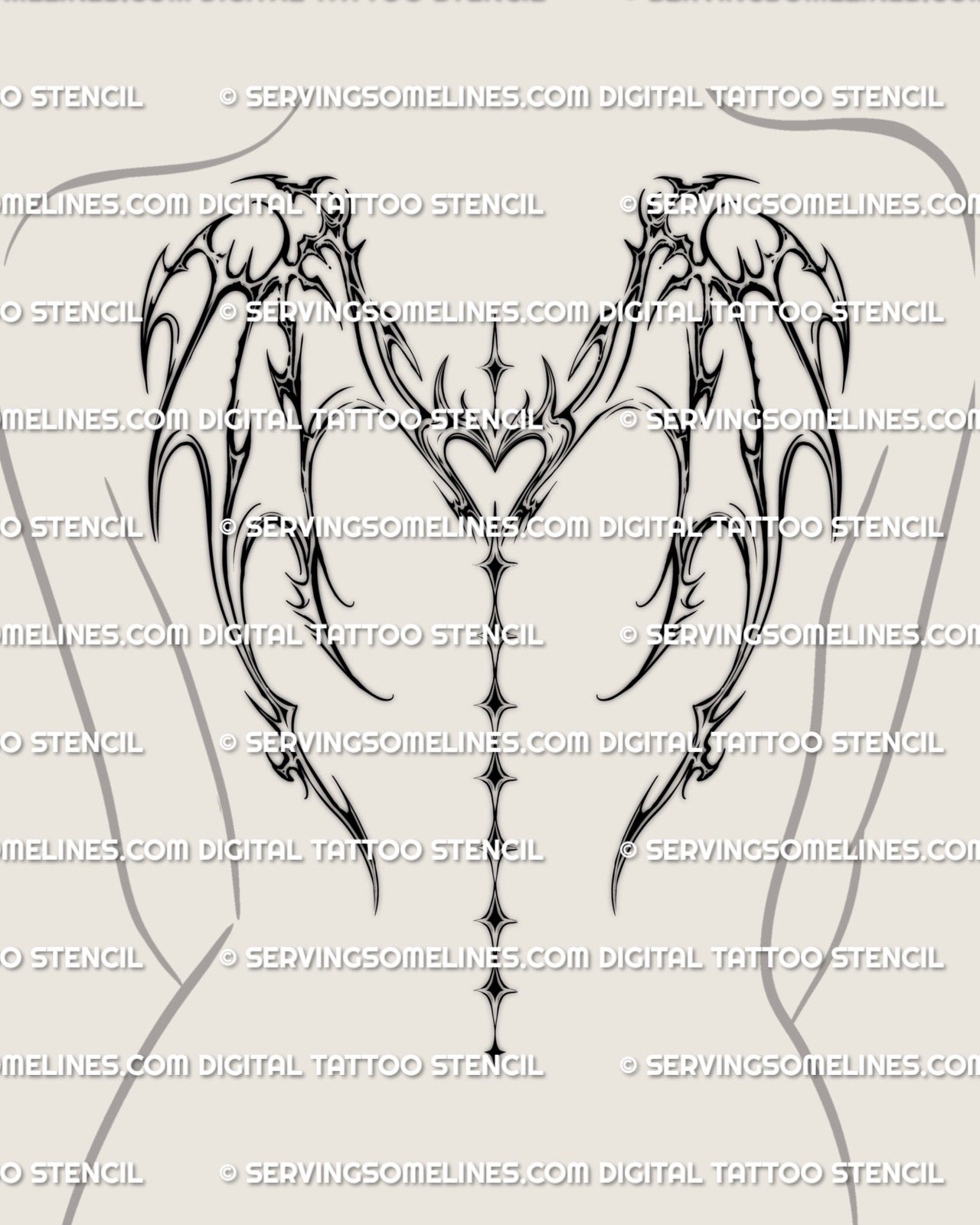 Cybersigil dragon wings tattoo stencil with heart and sparkle spine chain, shown on women’s back for upper to mid spine placement reference