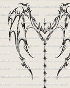 Digital stencil of cybersigil dragon wings with heart center and sparkle spine chain, high resolution linework for full back fantasy cyber tattoo