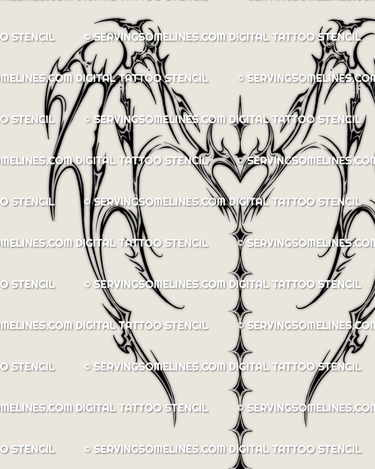 Digital stencil of cybersigil dragon wings with heart center and sparkle spine chain, high resolution linework for full back fantasy cyber tattoo