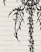 Cybergoth winged backpiece tattoo close up, skeletal cybersigilism wings with gothic skull and ornamental detail.