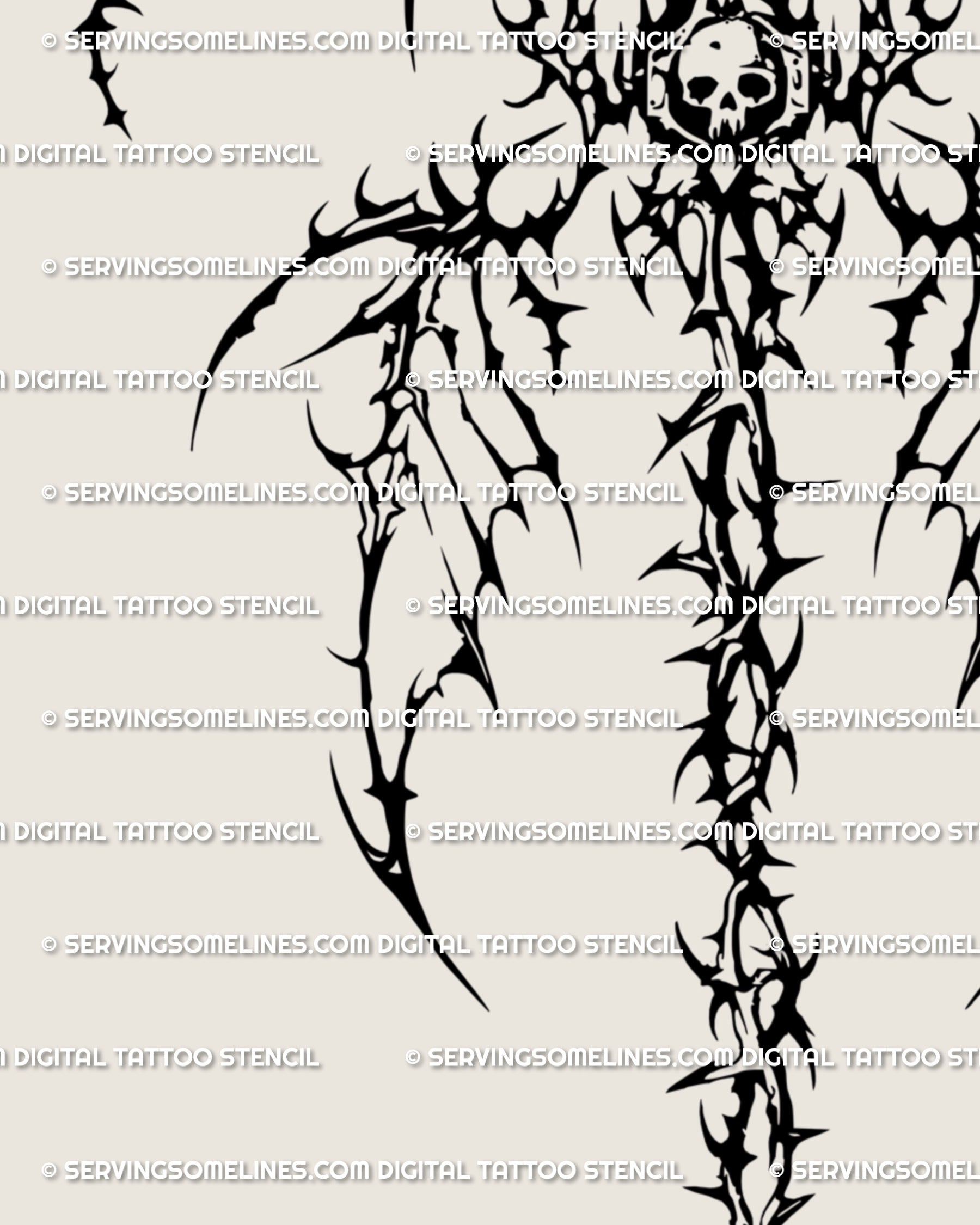 Cybergoth winged backpiece tattoo close up, skeletal cybersigilism wings with gothic skull and ornamental detail.