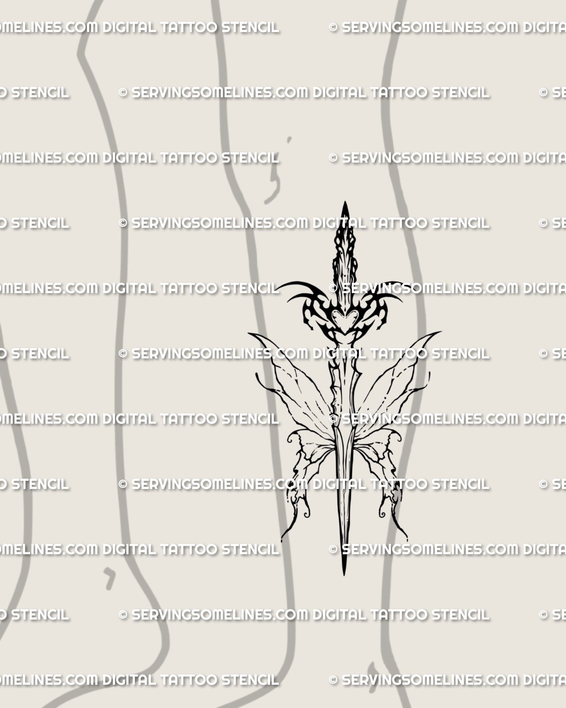 Cybergoth winged dagger on the lower leg, butterfly forms, guarded heart, clean linework for a readable, modern tattoo stencil. 