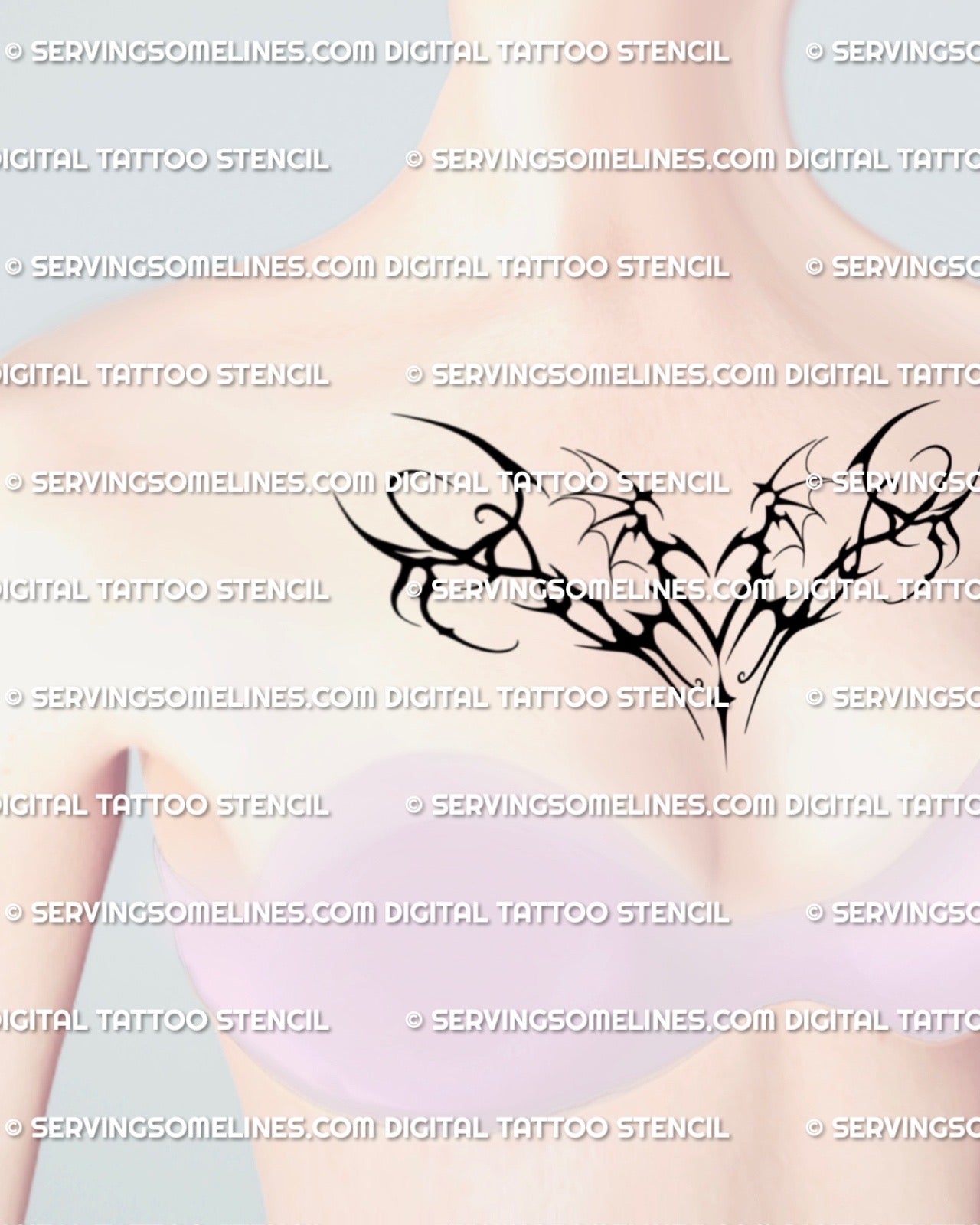 cybersigil black heart with winged extensions shown on womens chest center forming a striking bold upper body focal point