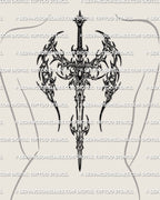 Cybersigil blade wings tattoo stencil shown on womens full spine and upper back placement, long vertical sword design with printable files.