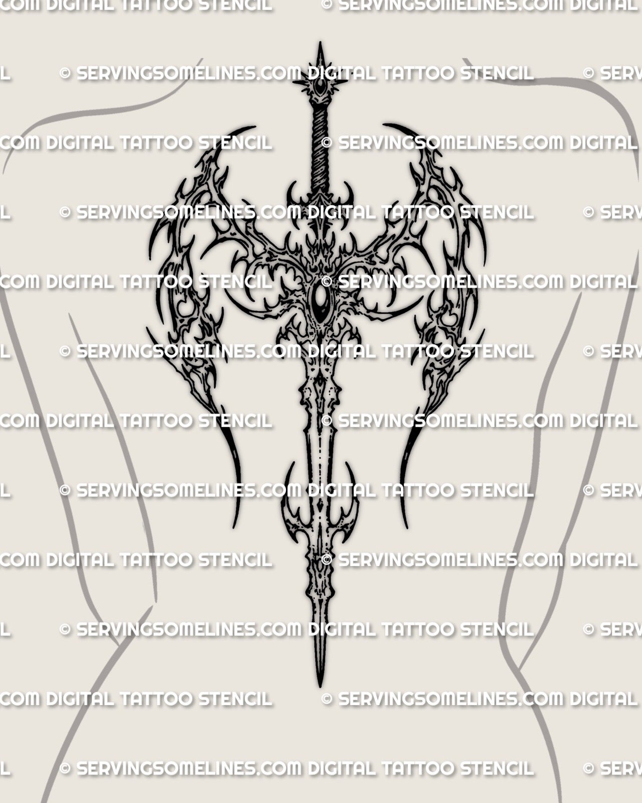 Cybersigil blade wings tattoo stencil shown on womens full spine and upper back placement, long vertical sword design with printable files.