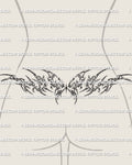 Cybersigilism butterfly tattoo shown on lower back placement, with a centered butterfly and pointed cyber wings.
