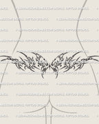 Cybersigilism butterfly tattoo shown on lower back placement, with a centered butterfly and pointed cyber wings.